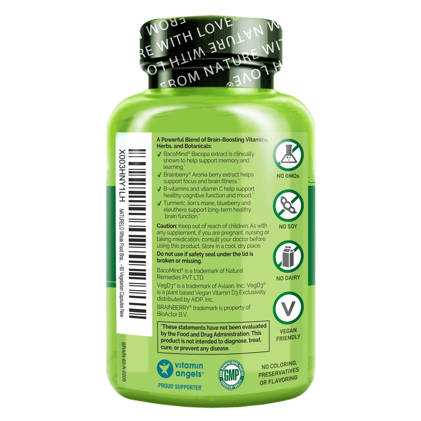 NATURELO Whole Food Brain Supplement - Brain Health Supplements for Memory & Focus Support - Enhance Brain Health Blend Supplement for Adults - 60 Vegetarian Capsules - dailyvitalstore