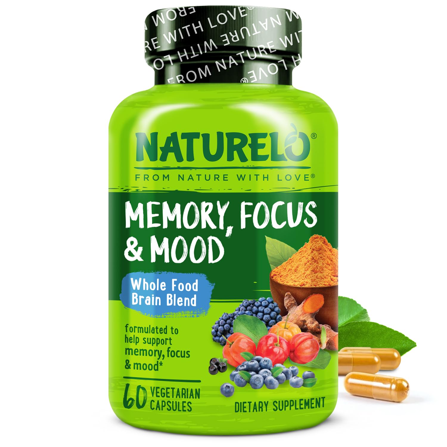 NATURELO Whole Food Brain Supplement - Brain Health Supplements for Memory & Focus Support - Enhance Brain Health Blend Supplement for Adults - 60 Vegetarian Capsules - dailyvitalstore