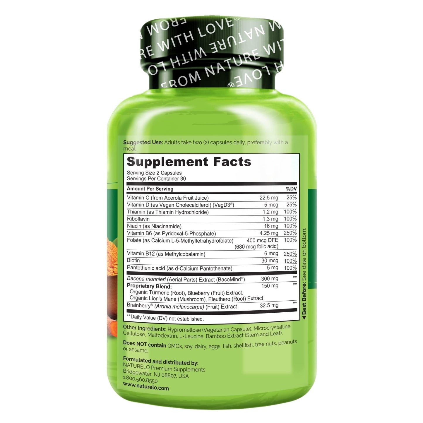 NATURELO Whole Food Brain Supplement - Brain Health Supplements for Memory & Focus Support - Enhance Brain Health Blend Supplement for Adults - 60 Vegetarian Capsules - dailyvitalstore