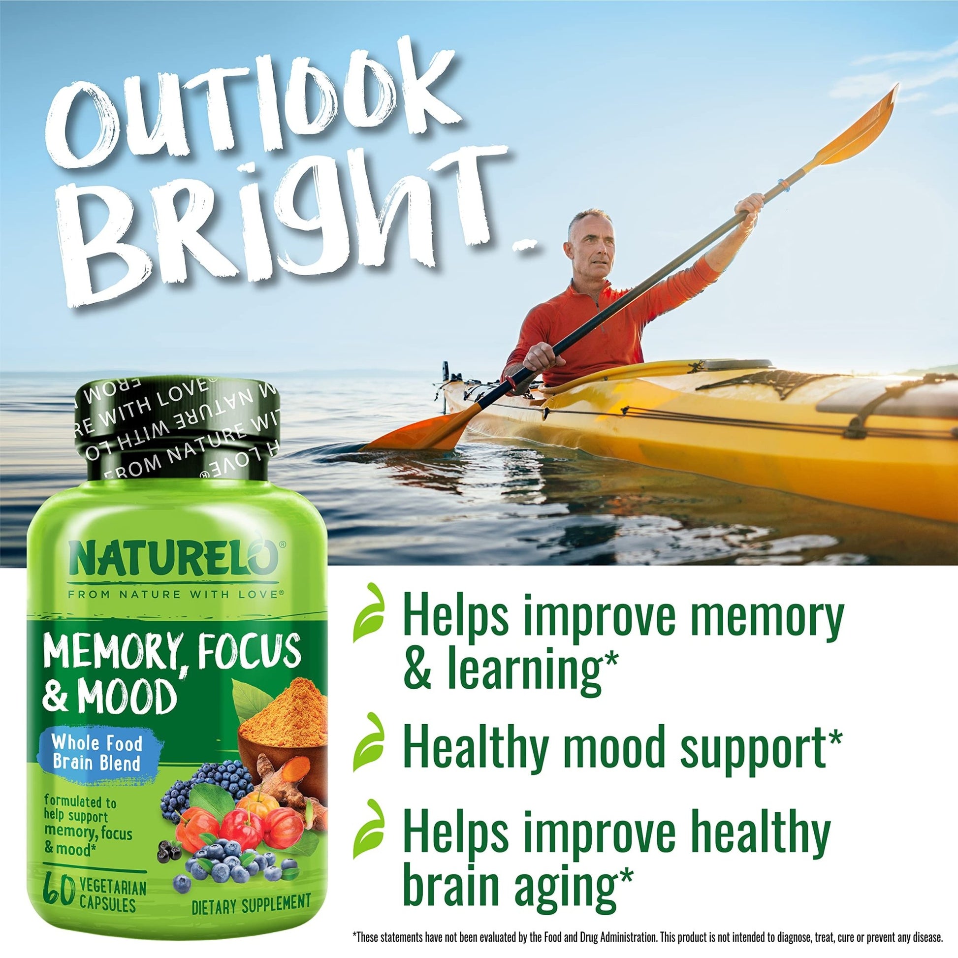 NATURELO Whole Food Brain Supplement - Brain Health Supplements for Memory & Focus Support - Enhance Brain Health Blend Supplement for Adults - 60 Vegetarian Capsules - dailyvitalstore