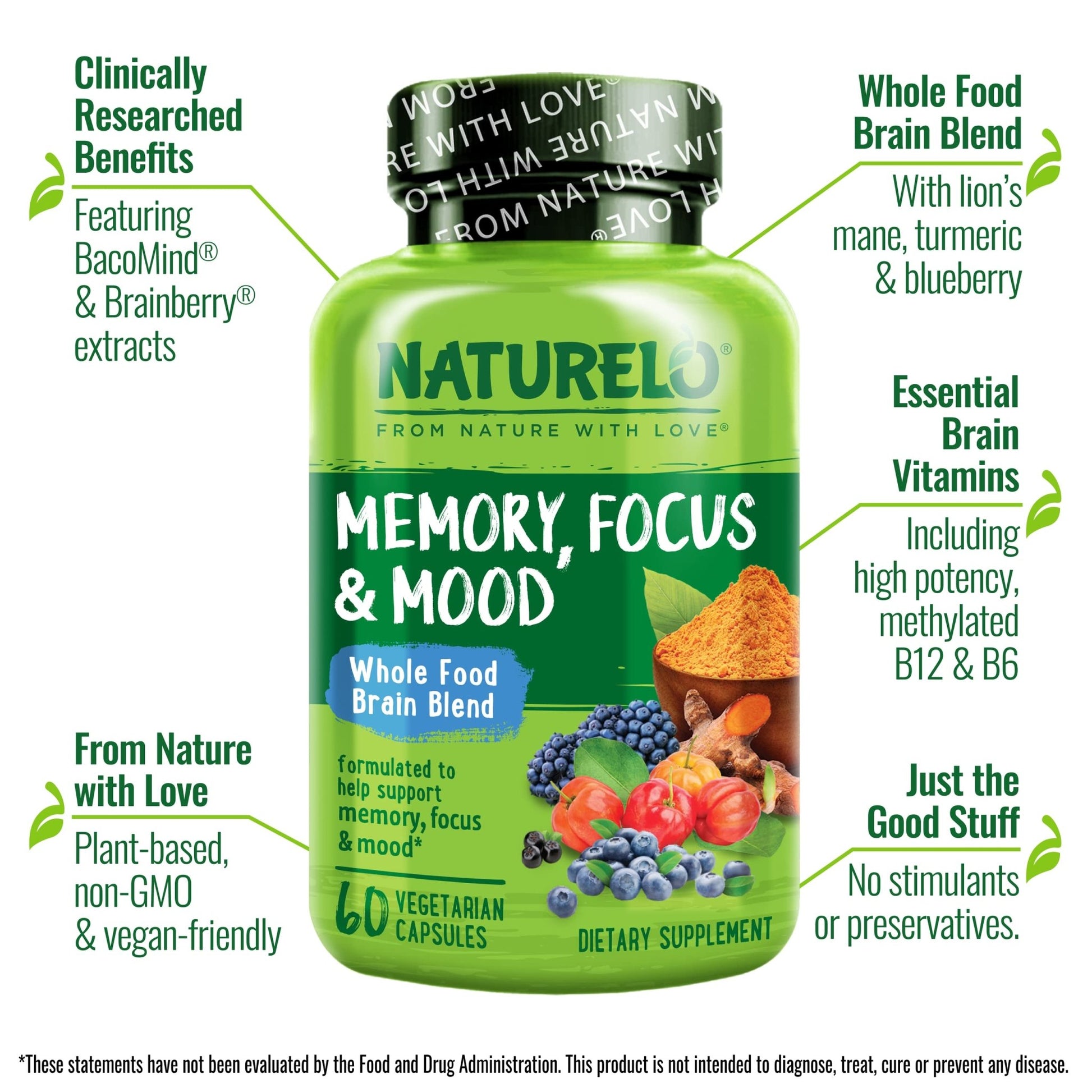 NATURELO Whole Food Brain Supplement - Brain Health Supplements for Memory & Focus Support - Enhance Brain Health Blend Supplement for Adults - 60 Vegetarian Capsules - dailyvitalstore
