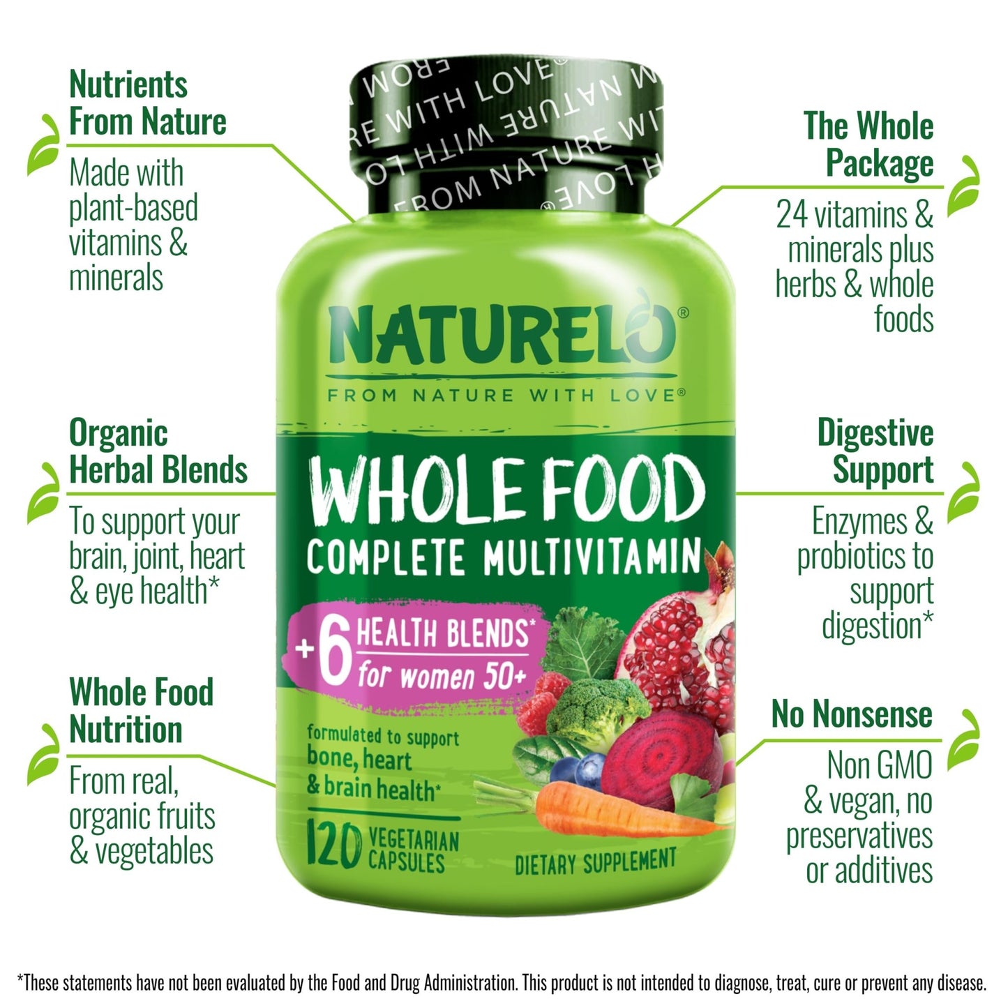 NATURELO Whole Food Multivitamin for Women 50+ (Iron Free) with Vitamins, Minerals, & Organic Extracts - Supplement for Post Menopausal Women Over 50 - dailyvitalstore