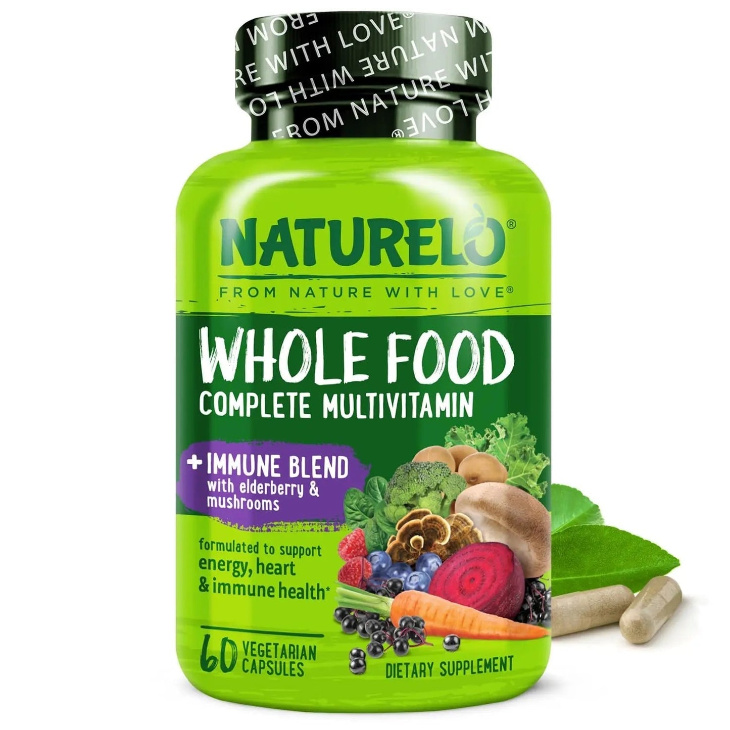 NATURELO Whole Food Multivitamin + Immune Blend with Elderberry & Mushrooms - Complete Multivitamin with Extra Immune Support - dailyvitalstore