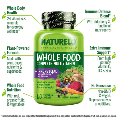 NATURELO Whole Food Multivitamin + Immune Blend with Elderberry & Mushrooms - Complete Multivitamin with Extra Immune Support - dailyvitalstore