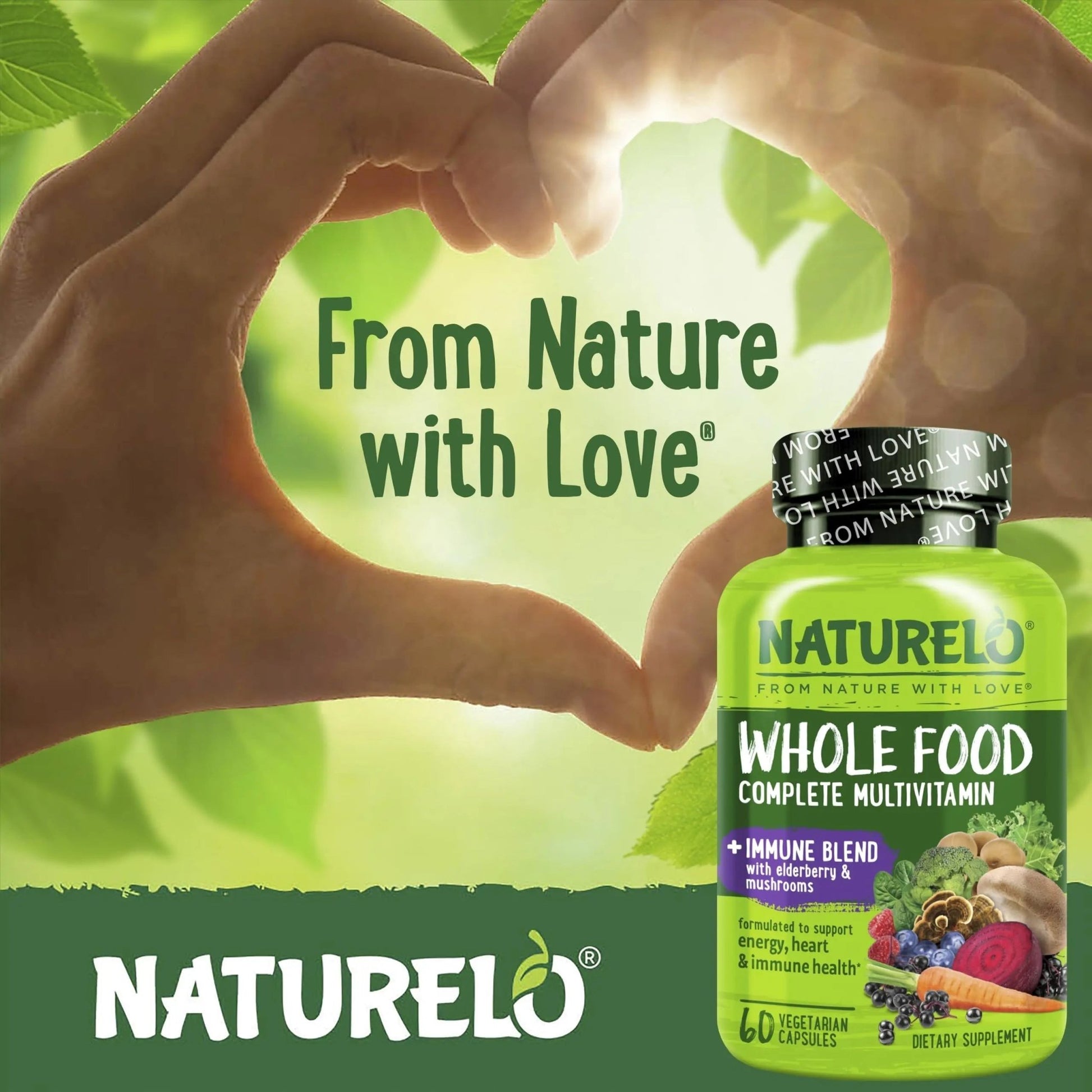 NATURELO Whole Food Multivitamin + Immune Blend with Elderberry & Mushrooms - Complete Multivitamin with Extra Immune Support - dailyvitalstore