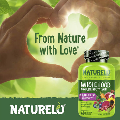 NATURELO Whole Food Multivitamin with Extra Hair, Skin and Nails Support - Beauty Blend with Hyaluronic Acid & Grape Seed - High Potency Biotin, Vitamin C - dailyvitalstore