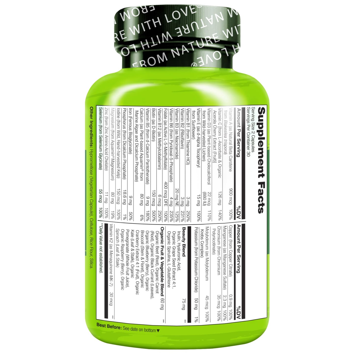NATURELO Whole Food Multivitamin with Extra Hair, Skin and Nails Support - Beauty Blend with Hyaluronic Acid & Grape Seed - High Potency Biotin, Vitamin C - dailyvitalstore