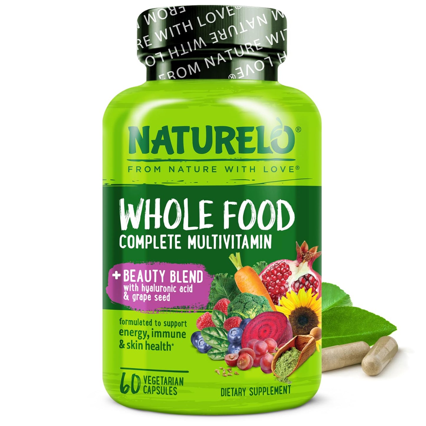 NATURELO Whole Food Multivitamin with Extra Hair, Skin and Nails Support - Beauty Blend with Hyaluronic Acid & Grape Seed - High Potency Biotin, Vitamin C - dailyvitalstore