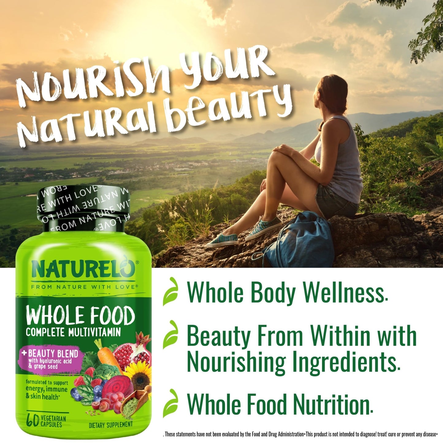 NATURELO Whole Food Multivitamin with Extra Hair, Skin and Nails Support - Beauty Blend with Hyaluronic Acid & Grape Seed - High Potency Biotin, Vitamin C - dailyvitalstore