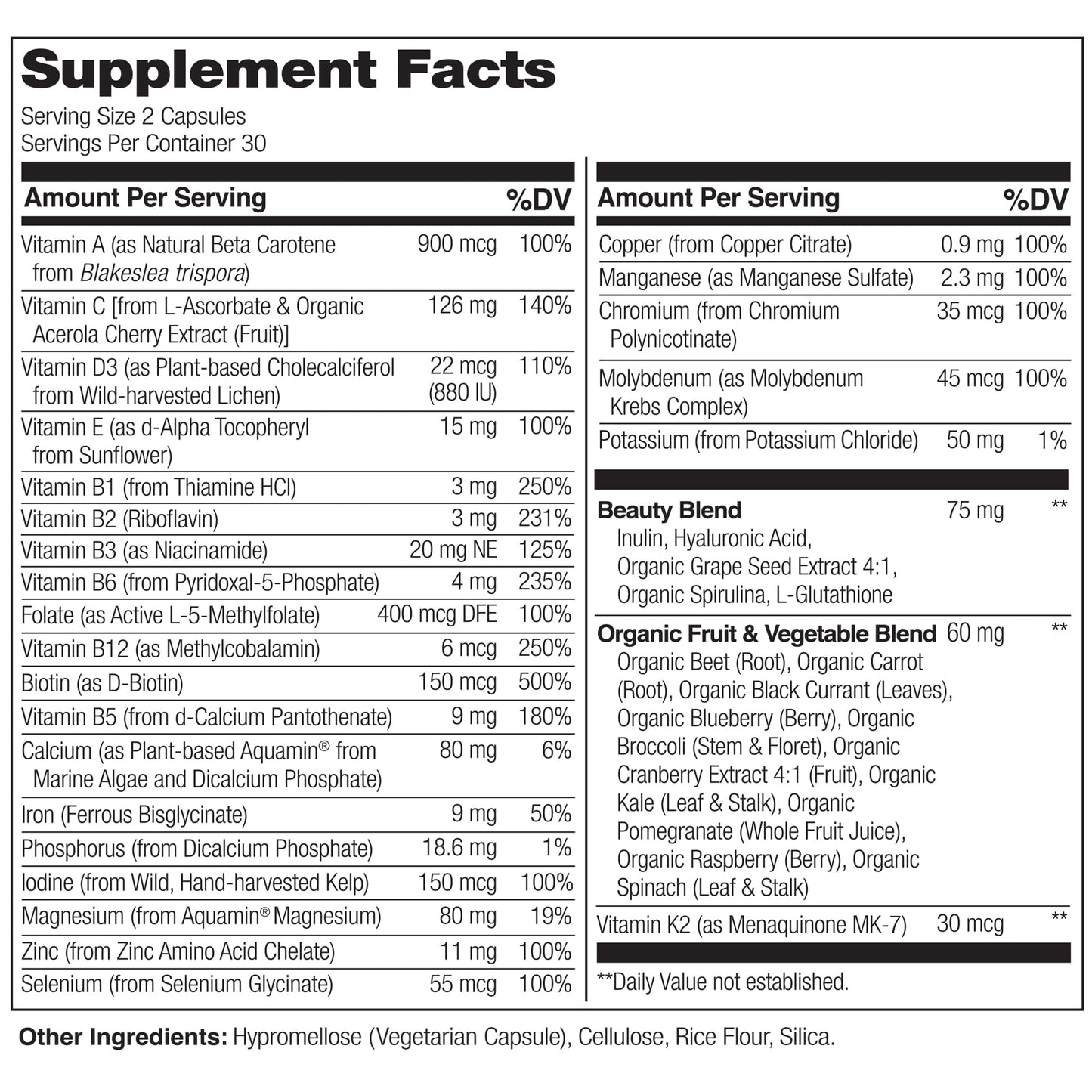 NATURELO Whole Food Multivitamin with Extra Hair, Skin and Nails Support - Beauty Blend with Hyaluronic Acid & Grape Seed - High Potency Biotin, Vitamin C - dailyvitalstore