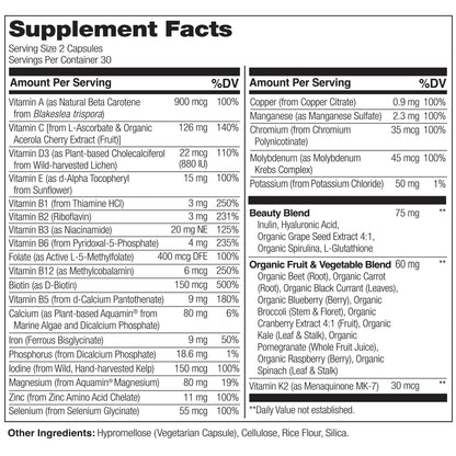 NATURELO Whole Food Multivitamin with Extra Hair, Skin and Nails Support - Beauty Blend with Hyaluronic Acid & Grape Seed - High Potency Biotin, Vitamin C - dailyvitalstore