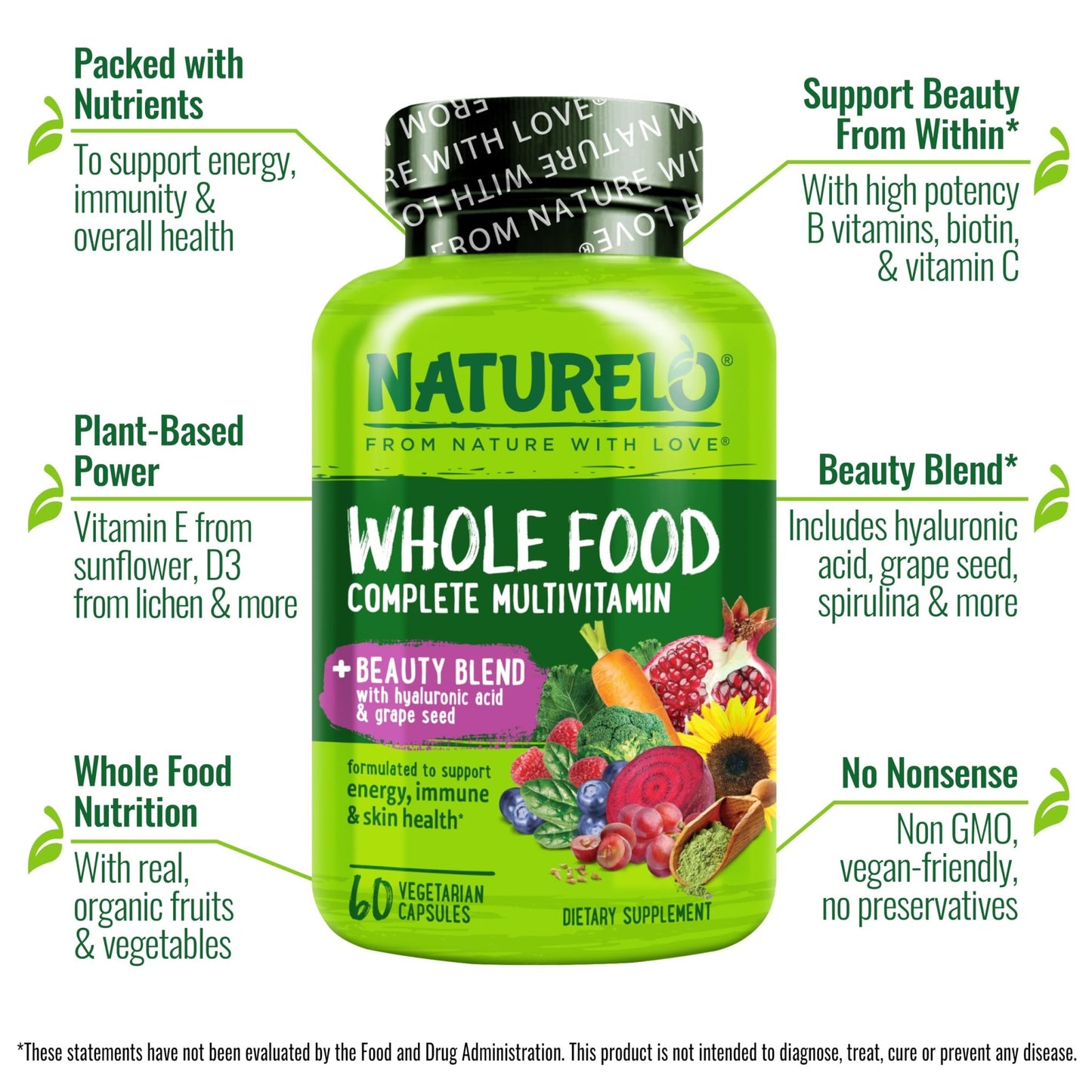 NATURELO Whole Food Multivitamin with Extra Hair, Skin and Nails Support - Beauty Blend with Hyaluronic Acid & Grape Seed - High Potency Biotin, Vitamin C - dailyvitalstore