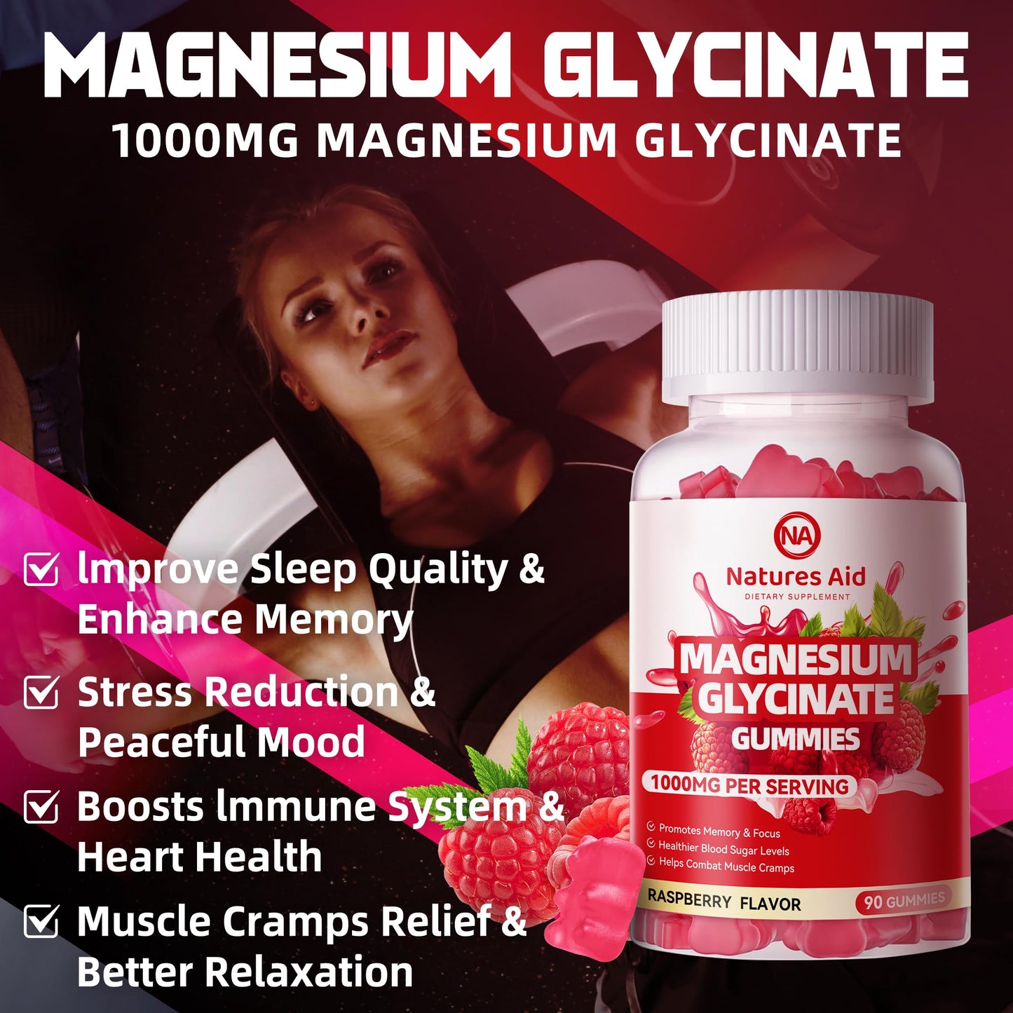 Natures Aid Magnesium Glycinate Gummies 1000mg - Sugar Free Magnesium Potassium Supplement with Vitamin D, B6, CoQ10 for Calm Mood - dailyvitalstore
