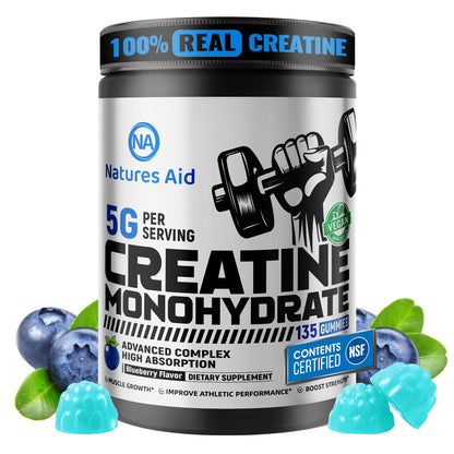 Natures Aid NSF Certified Creatine Gummy 5g - Creatine Monohydrate Gummies – Pre-Workout Energy & Muscle Growth Support for Men & Women - dailyvitalstore
