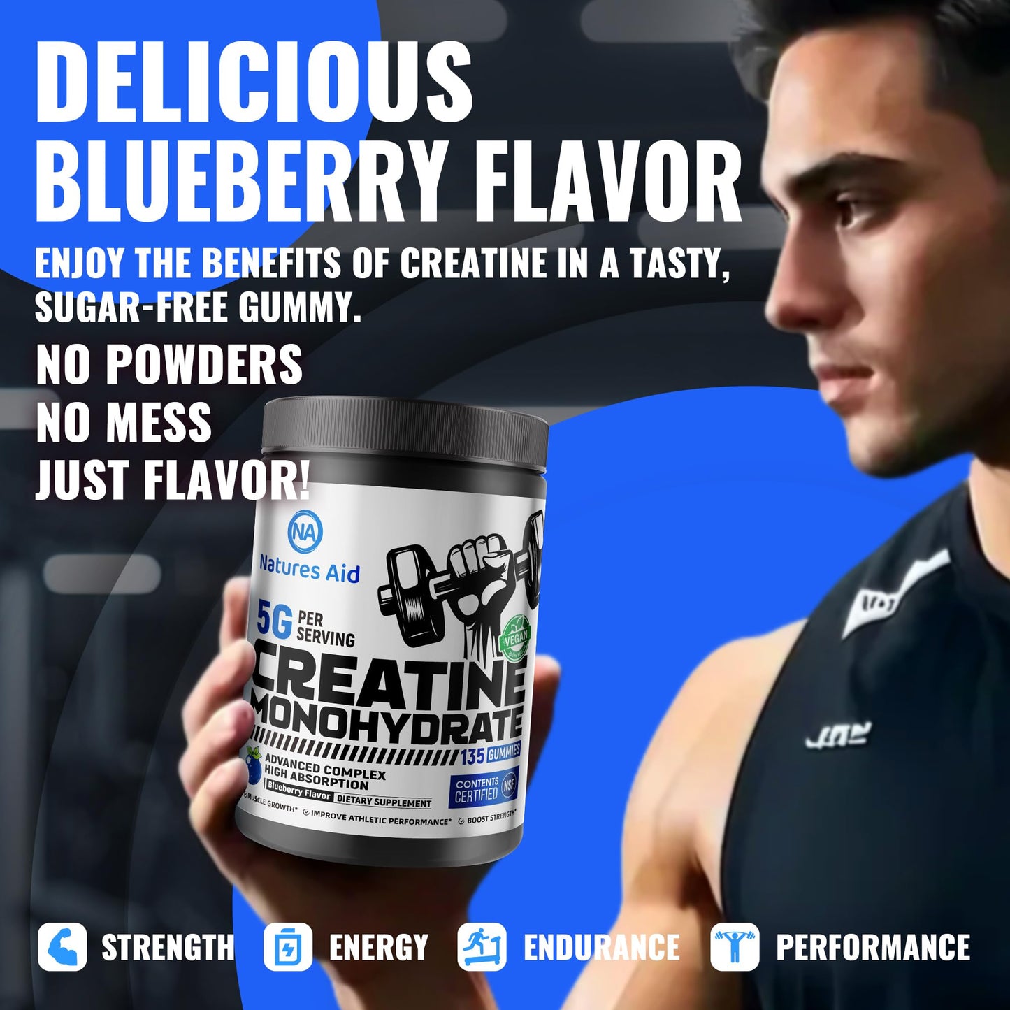 Natures Aid NSF Certified Creatine Gummy 5g - Creatine Monohydrate Gummies – Pre-Workout Energy & Muscle Growth Support for Men & Women - dailyvitalstore