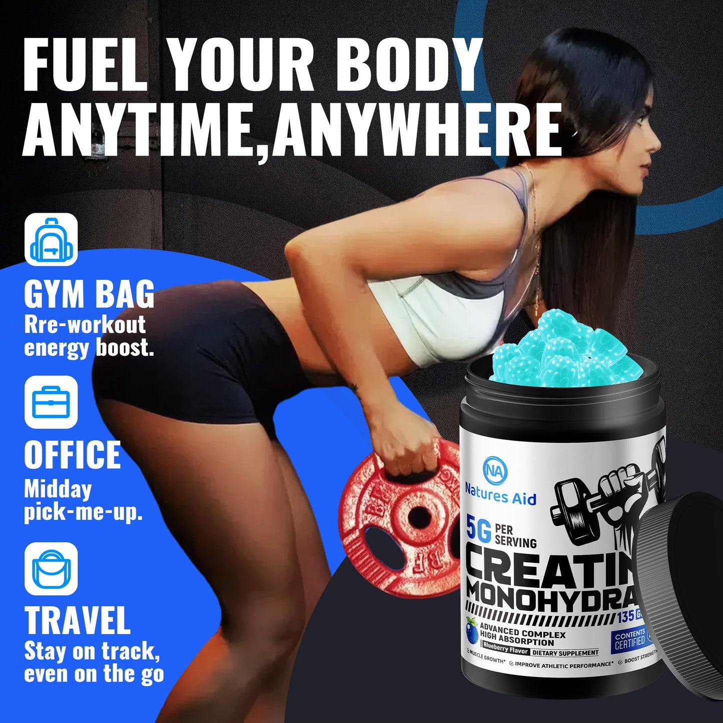 Natures Aid NSF Certified Creatine Gummy 5g - Creatine Monohydrate Gummies – Pre-Workout Energy & Muscle Growth Support for Men & Women - dailyvitalstore