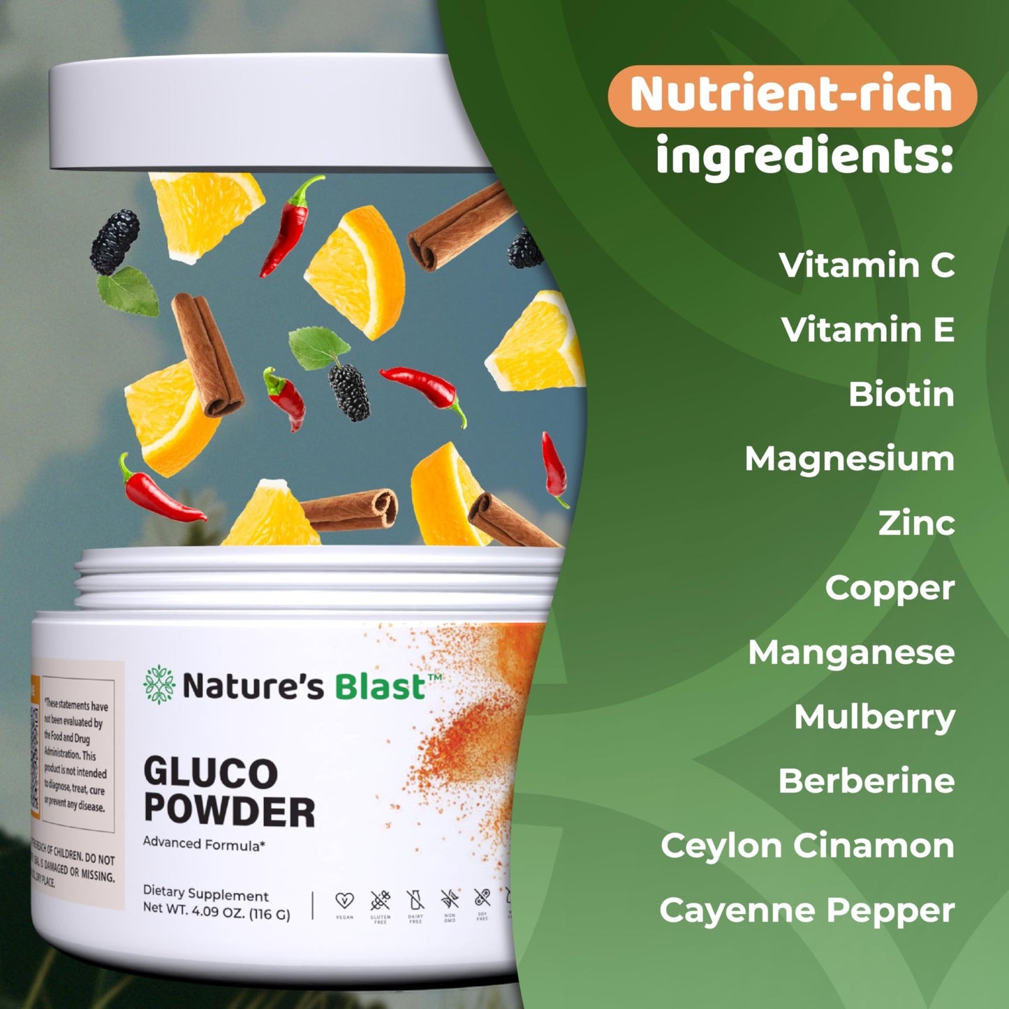 NATURES BLAST Gluco-Powder with White Mulberry Extract & Ceylon Cinnamon - Organic Metabolic Wellness Blend for Energy & Vitality, 1 Bottle - dailyvitalstore