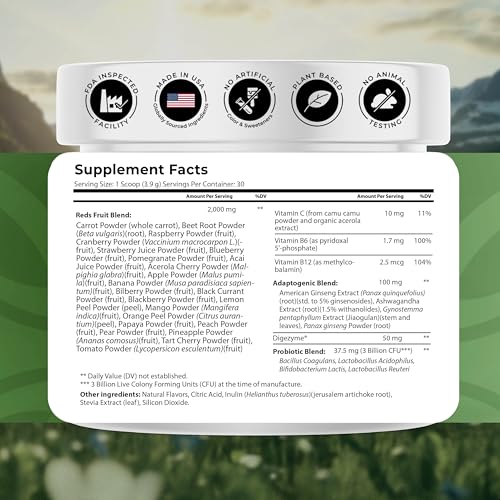 NATURES BLAST Reds - Metabolism and Energy Superfood Powder with 23 Red Fruits, 4 Adaptogens, Probiotics & Enzymes - Vegan Antioxidant Blend, 1 Bottle - dailyvitalstore