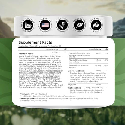 NATURES BLAST Reds - Metabolism and Energy Superfood Powder with 23 Red Fruits, 4 Adaptogens, Probiotics & Enzymes - Vegan Antioxidant Blend, 1 Bottle - dailyvitalstore