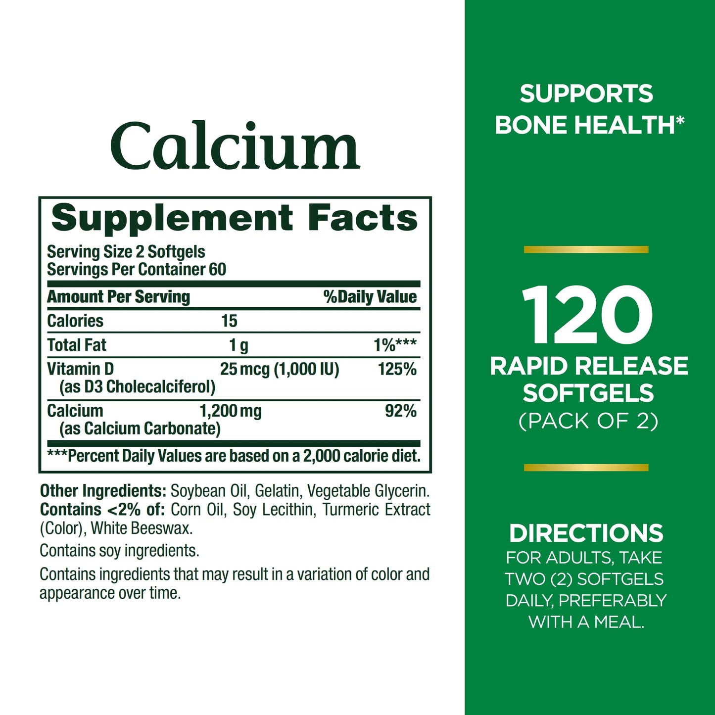 Nature's Bounty Calcium 1200 mg with Vitamin D3 - Bone Health Softgels, Calcium and Vitamin D Supplement, 120 Ct (2-Pack) - dailyvitalstore