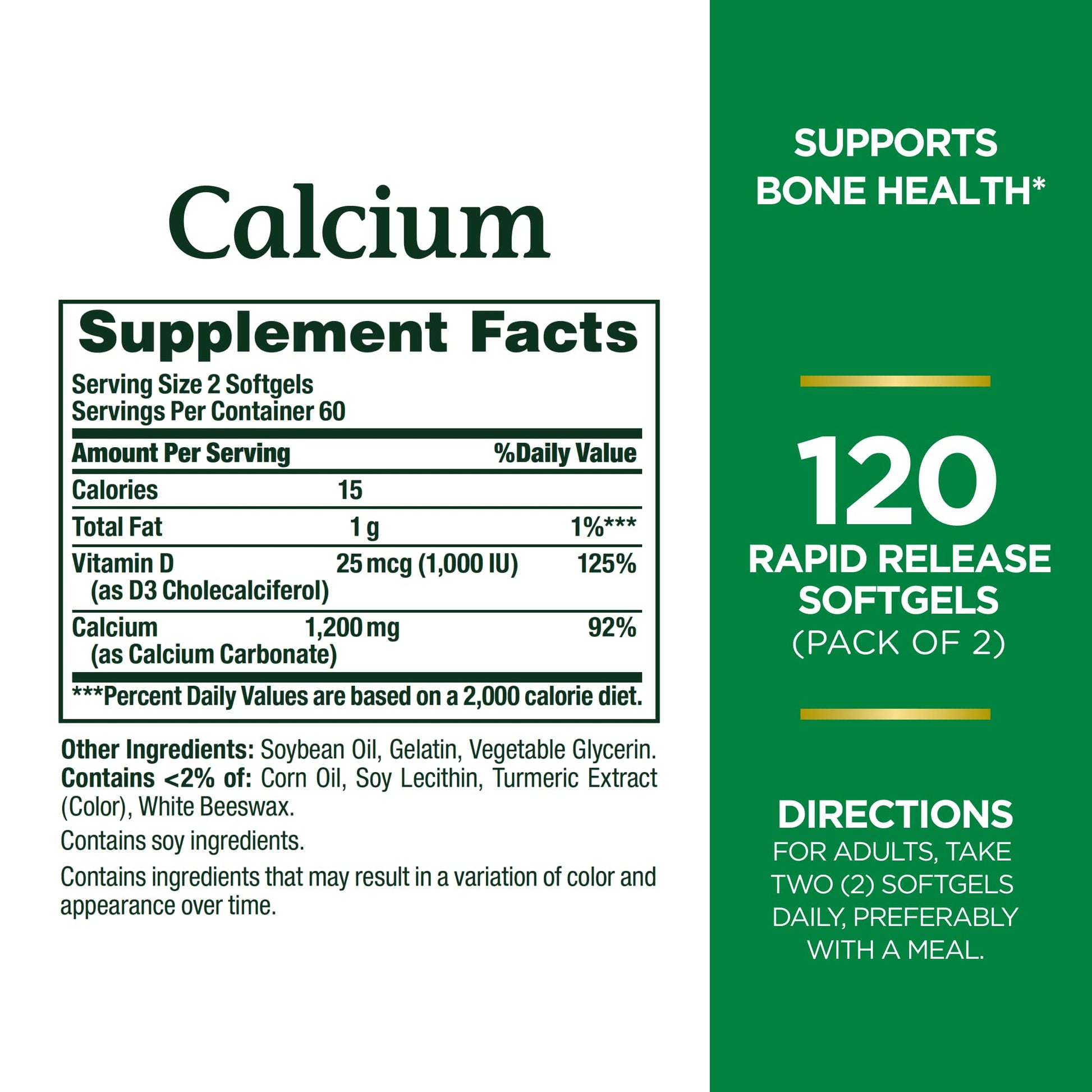 Nature's Bounty Calcium 1200 mg with Vitamin D3 - Bone Health Softgels, Calcium and Vitamin D Supplement, 120 Ct (2-Pack) - dailyvitalstore