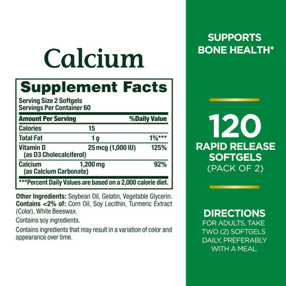 Nature's Bounty Calcium 1200 mg with Vitamin D3 - Bone Health Softgels, Calcium and Vitamin D Supplement, 120 Ct (2-Pack) - dailyvitalstore