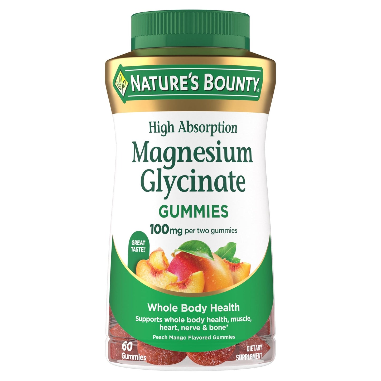Nature’s Bounty High Absorption Magnesium Glycinate Gummies, 100 mg Magnesium Per Serving, Whole Body Health, No Stick Gummy, Peach Mango Flavor - dailyvitalstore