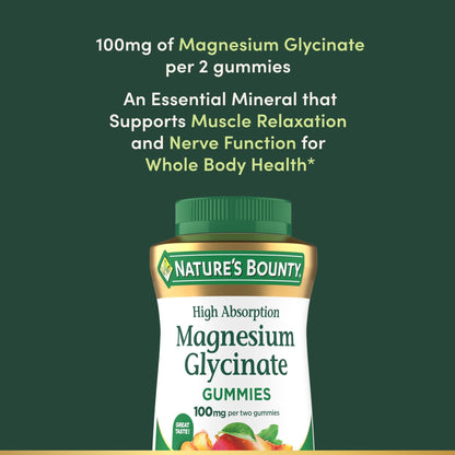 Nature’s Bounty High Absorption Magnesium Glycinate Gummies, 100 mg Magnesium Per Serving, Whole Body Health, No Stick Gummy, Peach Mango Flavor - dailyvitalstore