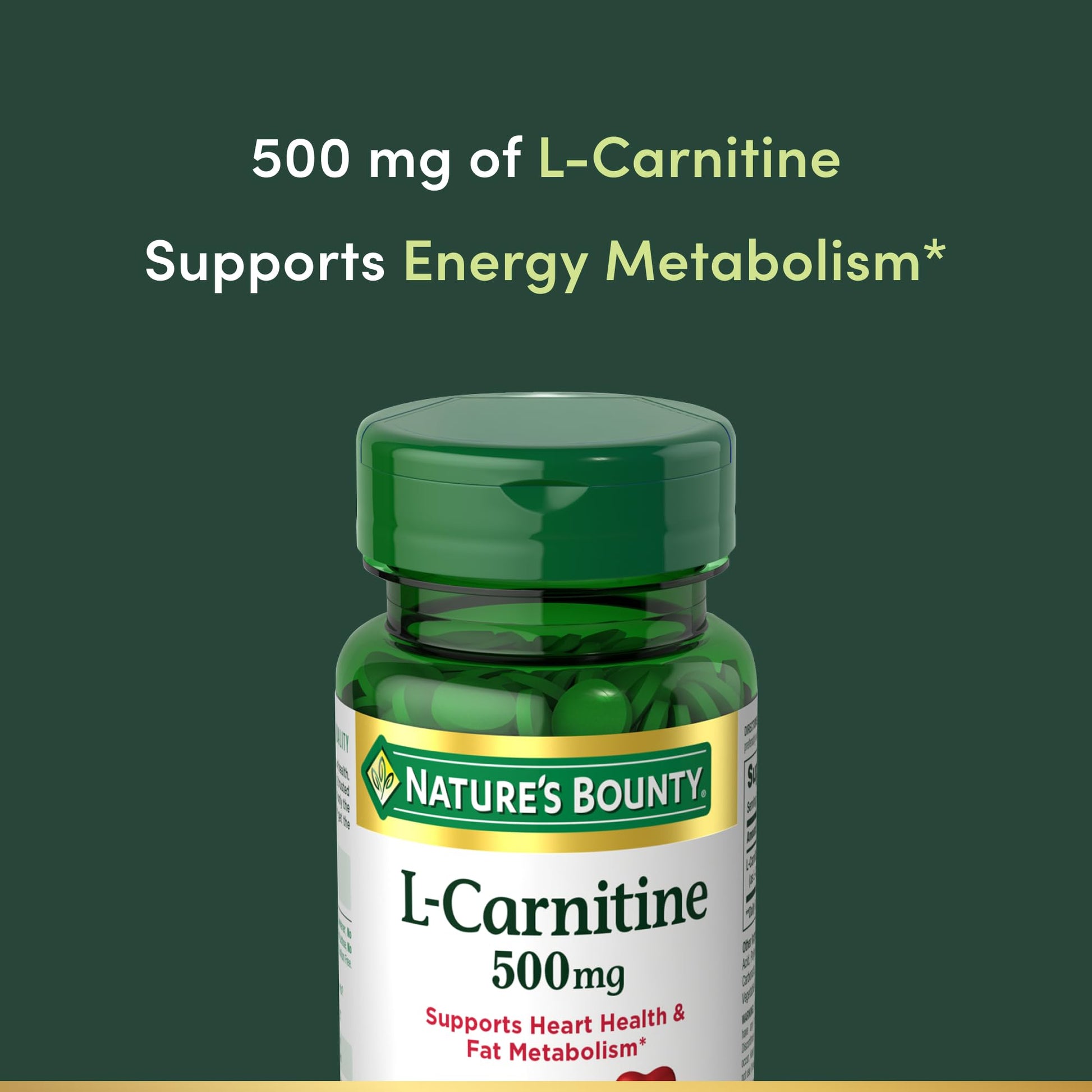 Nature's Bounty L-Carnitine, Supports Heart Health & Fat Metabolism, Amino Acid Supplement, 500 mg, 30 Tablets - dailyvitalstore