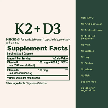 Nature’s Bounty Vitamin D3 K2 Supplement, 4000 IU Vitamin D3 plus 100 mcg of Vitamin K Supplements - dailyvitalstore