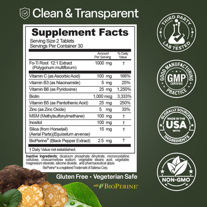 Natures Elements Advanced Shou Wu for Gray Hair – Prepared He Shou Wu for Hair Growth with Biotin, Bioperine, Fo-Ti Root & More – 100% Natural – 60 Tablets – Non-GMO, Gluten-Free - dailyvitalstore