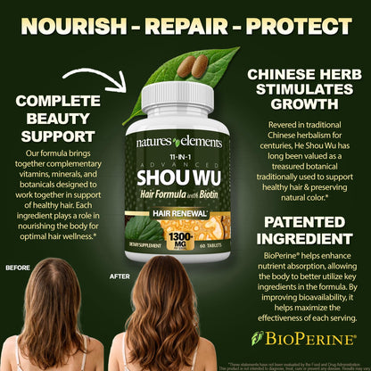 Natures Elements Advanced Shou Wu for Gray Hair – Prepared He Shou Wu for Hair Growth with Biotin, Bioperine, Fo-Ti Root & More – 100% Natural – 60 Tablets – Non-GMO, Gluten-Free - dailyvitalstore