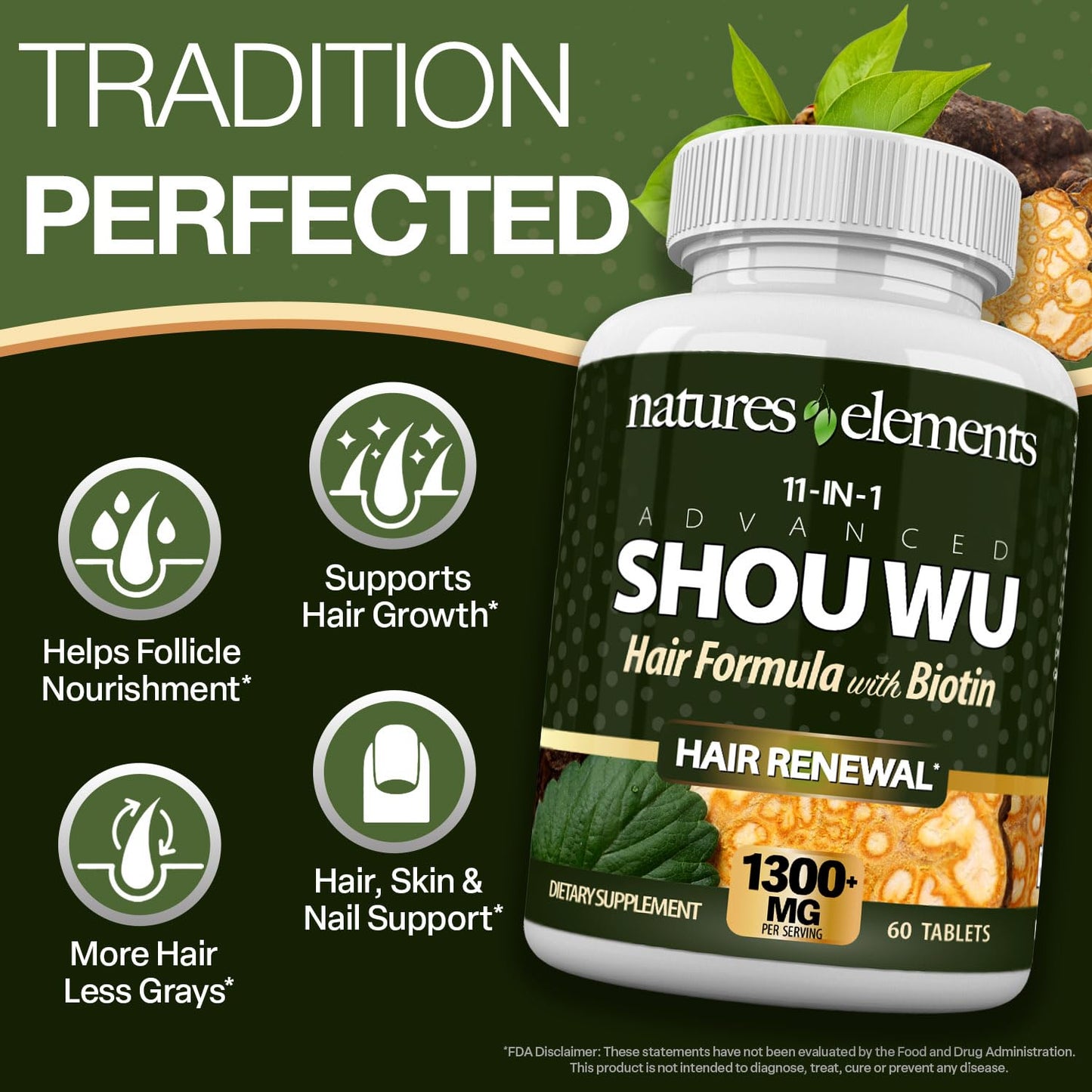 Natures Elements Advanced Shou Wu for Gray Hair – Prepared He Shou Wu for Hair Growth with Biotin, Bioperine, Fo-Ti Root & More – 100% Natural – 60 Tablets – Non-GMO, Gluten-Free - dailyvitalstore