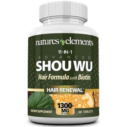 Natures Elements Advanced Shou Wu for Gray Hair – Prepared He Shou Wu for Hair Growth with Biotin, Bioperine, Fo-Ti Root & More – 100% Natural – 60 Tablets – Non-GMO, Gluten-Free - dailyvitalstore