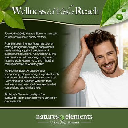Natures Elements Advanced Shou Wu for Gray Hair – Prepared He Shou Wu for Hair Growth with Biotin, Bioperine, Fo-Ti Root & More – 100% Natural – 60 Tablets – Non-GMO, Gluten-Free - dailyvitalstore