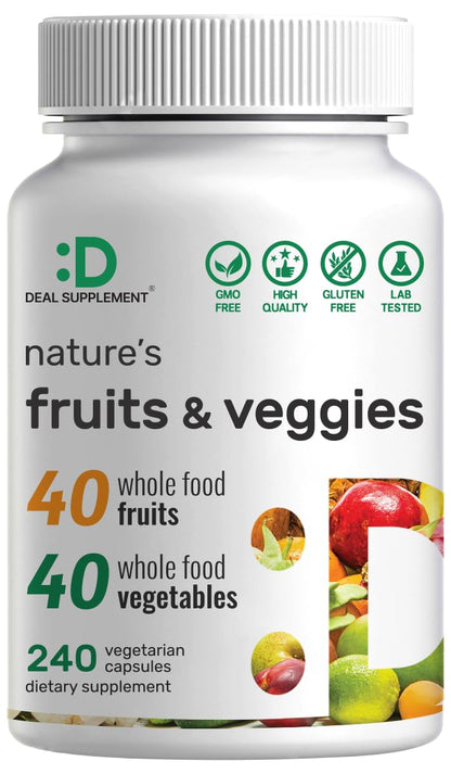 Nature’s Fruits & Veggies Supplement, 240 Veggie Capsules – 80 Whole Food Superfoods for Daily Balance – 40 Fruits with 40 Vegetables and Greens – Non-GMO, Gluten Free - dailyvitalstore