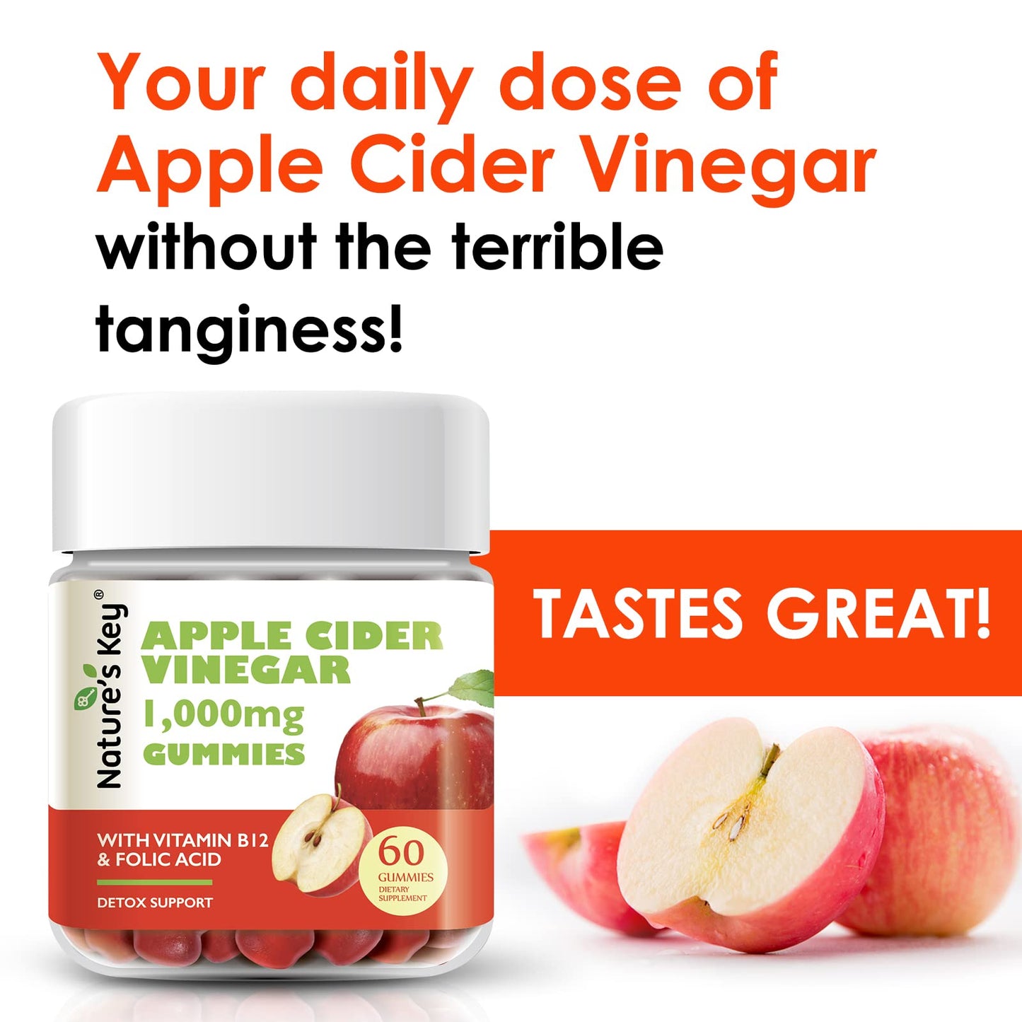 Nature's Key Apple Cider Vinegar Gummies -1000mg 60 Count, Digestion, Natural Detox & Cleanse | Vegan, Non-GMO, Gluten Free - dailyvitalstore