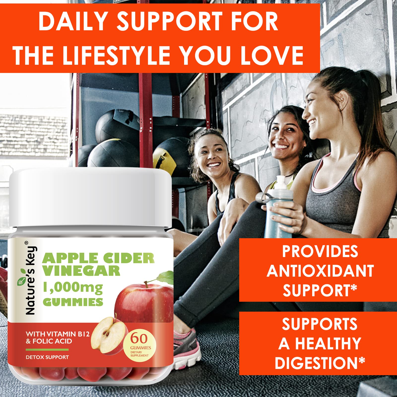 Nature's Key Apple Cider Vinegar Gummies -1000mg 60 Count, Digestion, Natural Detox & Cleanse | Vegan, Non-GMO, Gluten Free - dailyvitalstore