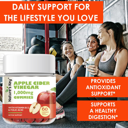 Nature's Key Apple Cider Vinegar Gummies -1000mg 60 Count, Digestion, Natural Detox & Cleanse | Vegan, Non-GMO, Gluten Free - dailyvitalstore