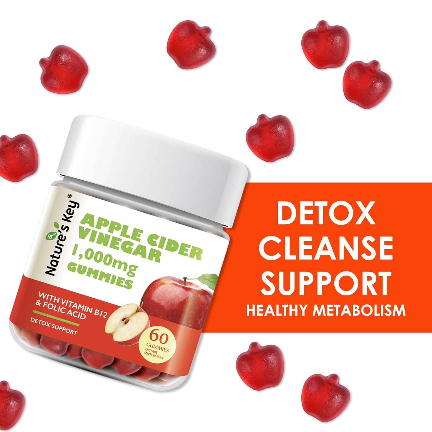 Nature's Key Apple Cider Vinegar Gummies -1000mg 60 Count, Digestion, Natural Detox & Cleanse | Vegan, Non-GMO, Gluten Free - dailyvitalstore