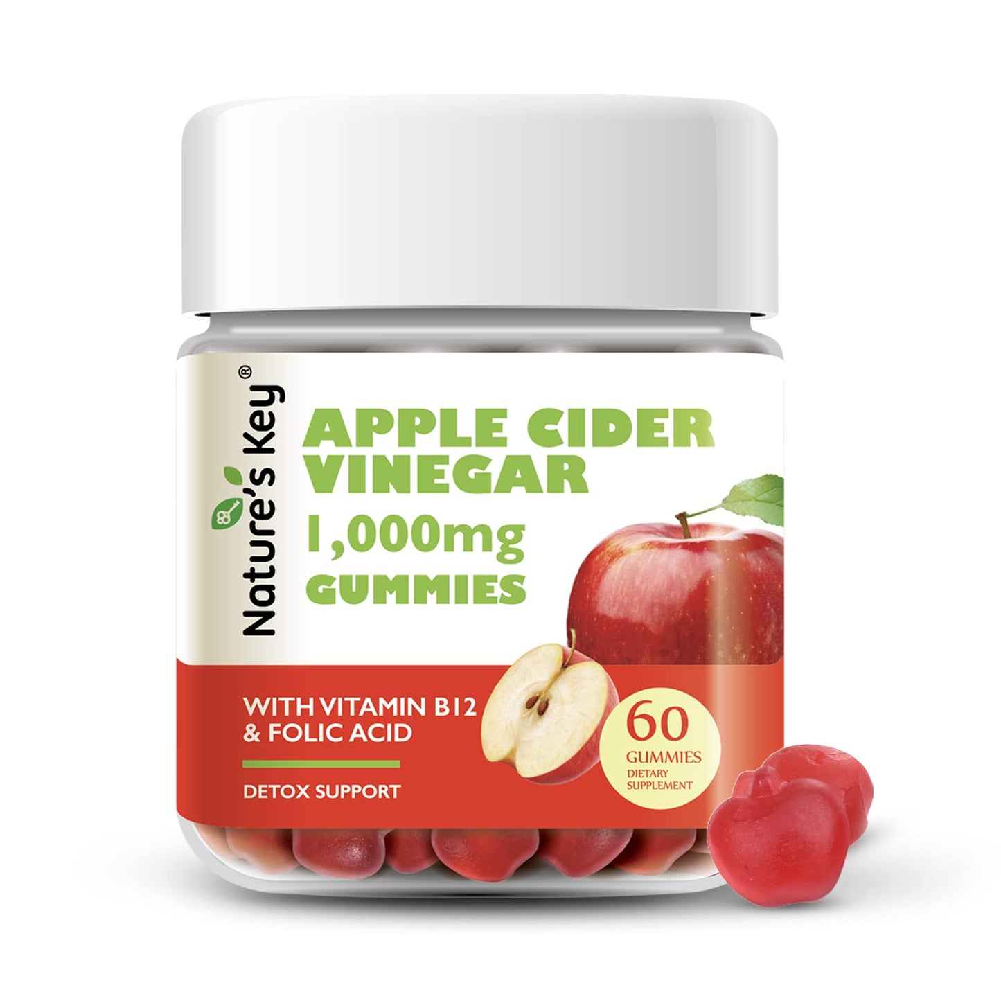 Nature's Key Apple Cider Vinegar Gummies -1000mg 60 Count, Digestion, Natural Detox & Cleanse | Vegan, Non-GMO, Gluten Free - dailyvitalstore