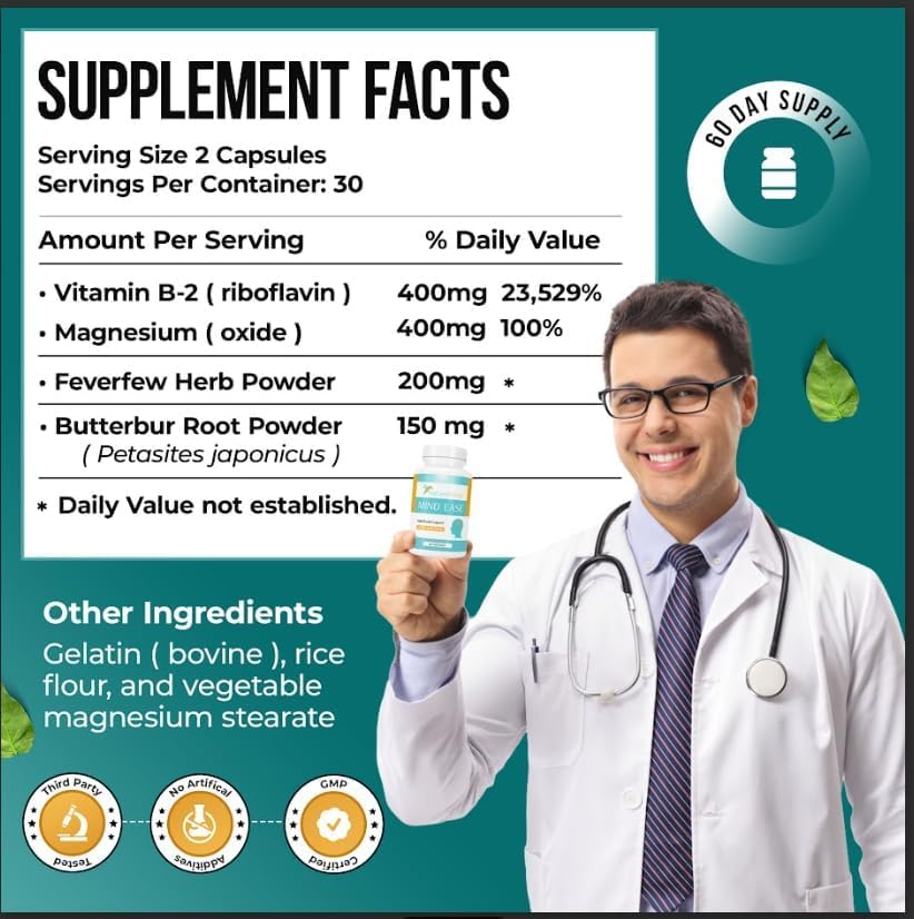 Nature's Nectar Migraine Prevention Feverfew Capsules – PA Free Butterbur Root, Riboflavin 400 mg, Magnesium & Feverfew – Natural Headache Relief & Migraine Supplement – 120 Capsules - dailyvitalstore