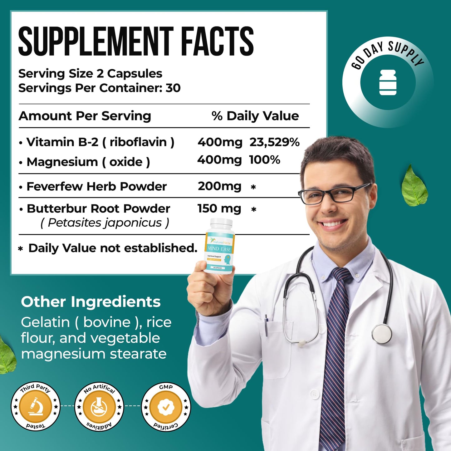 Nature's Nectar Migraine Prevention Feverfew Capsules – PA Free Butterbur Root, Riboflavin 400 mg, Magnesium & Feverfew – Natural Migraine Supplement – 60 Capsules - dailyvitalstore