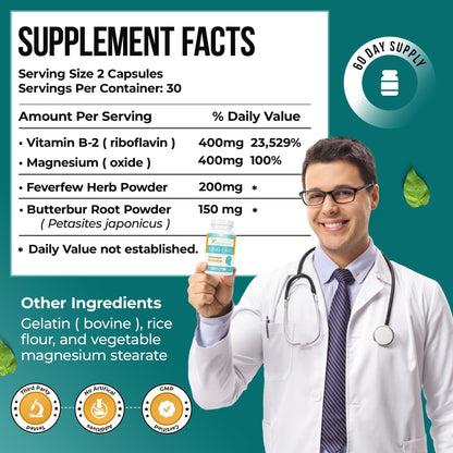 Nature's Nectar Migraine Prevention Feverfew Capsules – PA Free Butterbur Root, Riboflavin 400 mg, Magnesium & Feverfew – Natural Migraine Supplement – 60 Capsules - dailyvitalstore