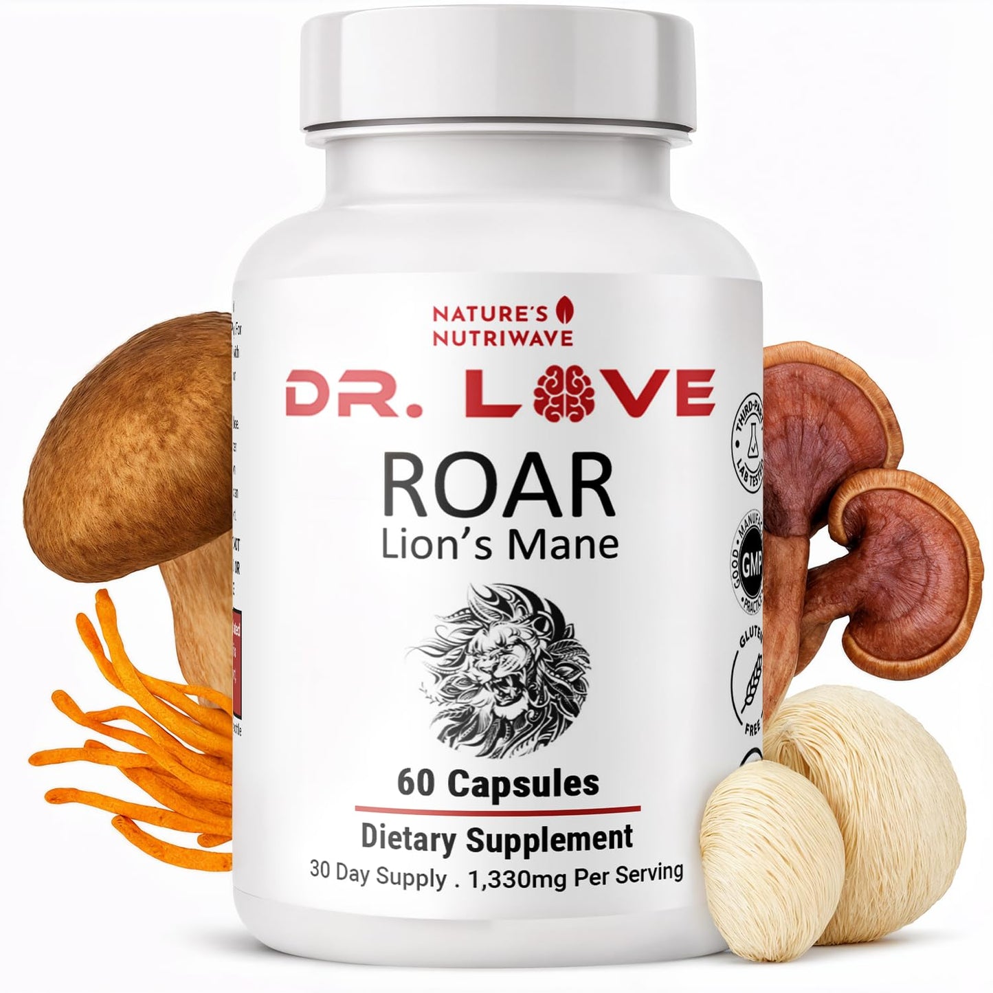 Nature’s NutriWave Dr. Love Roar Lion’s Mane Mushroom Supplement – Plant-Based Formula with Cordyceps, Reishi & Shiitake – Vegan, Gluten-Free, GMP Certified, Made in USA – 60 Capsules, 1 Month Supply - dailyvitalstore