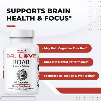 Nature’s NutriWave Dr. Love Roar Lion’s Mane Mushroom Supplement – Plant-Based Formula with Cordyceps, Reishi & Shiitake – Vegan, Gluten-Free, GMP Certified, Made in USA – 60 Capsules, 1 Month Supply - dailyvitalstore