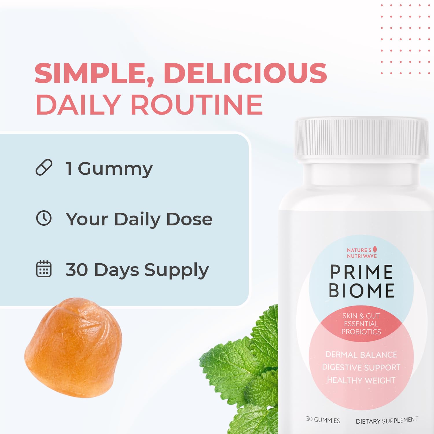 Nature’s NutriWave PrimeBiome Probiotic Gummies – Plant-Based Blend with Inulin, Lion’s Mane, Ginger & More– Non-GMO, No Stimulants, GMP Certified – 30 Gummies, 6 Month Supply - dailyvitalstore