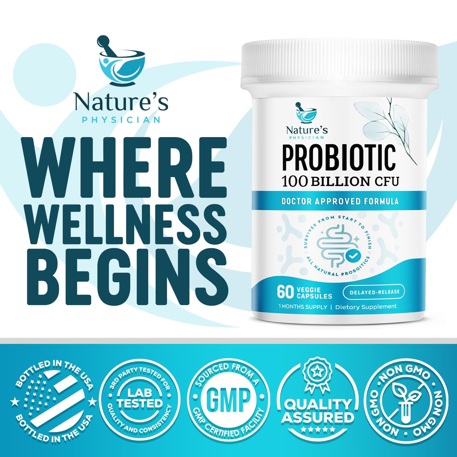 Nature's Physician Probiotics - 100 Billion CFU Per Capsule - 16 Strains + Prebiotics - Best Probiotic Supplement for Women & Men - Supports Immune, - dailyvitalstore