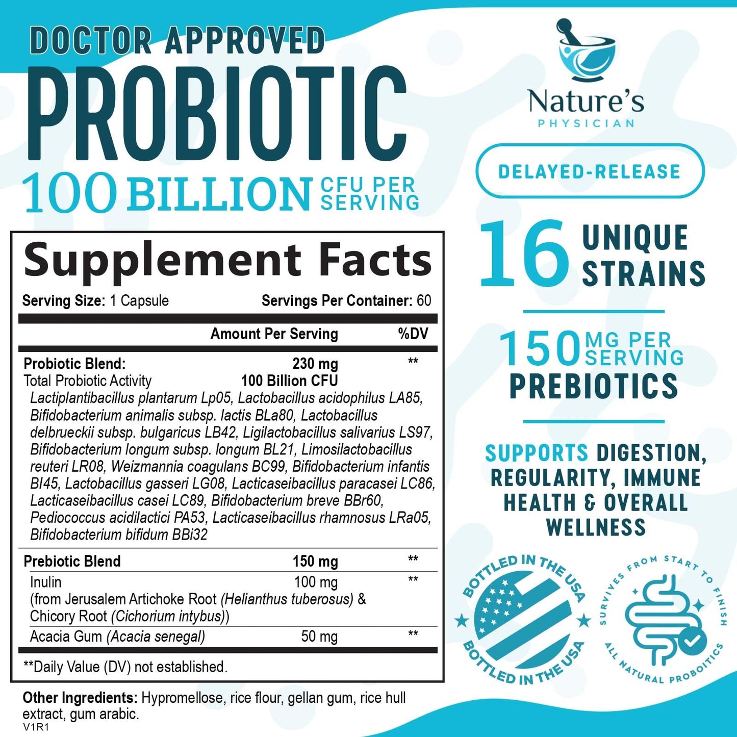 Nature's Physician Probiotics - 100 Billion CFU Per Capsule - 16 Strains + Prebiotics - Best Probiotic Supplement for Women & Men - Supports Immune, - dailyvitalstore