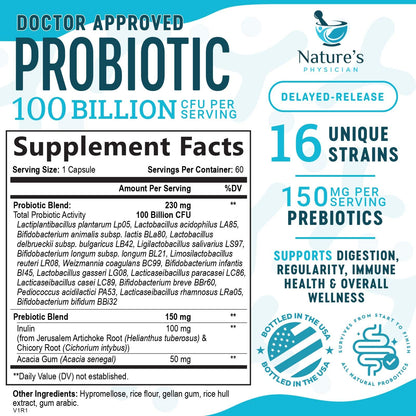 Nature's Physician Probiotics - 100 Billion CFU Per Capsule - 16 Strains + Prebiotics - Best Probiotic Supplement for Women & Men - Supports Immune, - dailyvitalstore